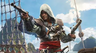 A pirate holds up guns on a ship.
