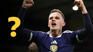 Lawrence Shanklank celebrating a goal with a yellow question mark overlayed