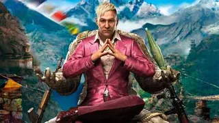 An image of a man in a pink suit, sitting on top of a throne. He has a grenade launcher leaning against him and is surrounded by rocky mountains.