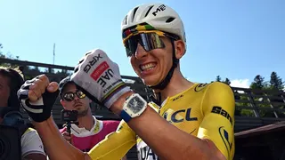 Tadej Pogacar celebrates after winning stage 10 of the 2026 Tour de France
