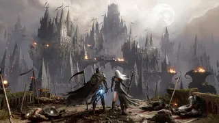 Two warriors look out at medieval ruins.