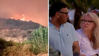 Composite image showing flames burning on hill on the left and couple sitting next to each other on the right