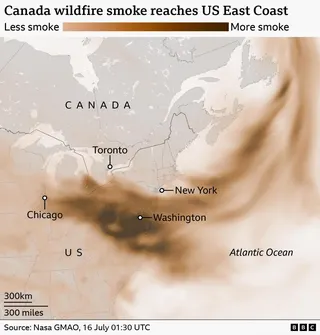 Map showing wildfire smoke from Canada spreading across the eastern US and into the Atlantic Ocean. Darker brown shading indicates higher smoke concentrations, with the thickest plume stretching from the Great Lakes through the Mid-Atlantic near Washington and New York. Cities marked include Toronto, Chicago, New York and Washington.