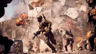 A bunch of Battlefield 6 soldiers running, taking cover, and shooting as a building collapses behind them.