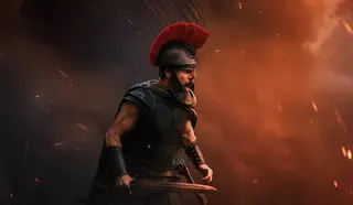 Matt Damon appears on a movie poster in a Greek helmet.