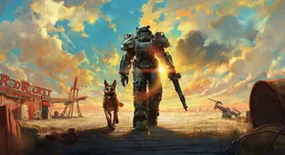 A man in power armor and a dog walk the wasteland.