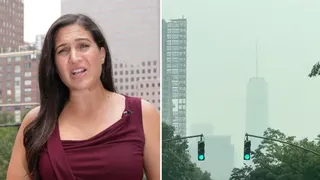 A woman with dark hair and a red top stands next to the New York Trade Centre, which is shrouded in smoke.