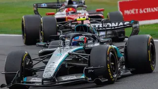Mercedes' Kimi Antonelli with Ferrari's Charles Leclerc right behind during the Belgian Grand Prix