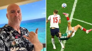 A split image divided by a white line in the middle. On the left is a man in a black Hawaiian style shirt standing in front of a blue ocean with his hand in the shaka pose. On the right is a picture of a football player in a green Mexico jersey doing a bicycle kick while a player in a white England jersey stands with his back to the camera.