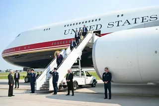 Donald Trump disembarks from the Qatar-gifted Air Force One after his first flight on the aircraft, in Bismarck, North Dakota, on 1 July 2026.