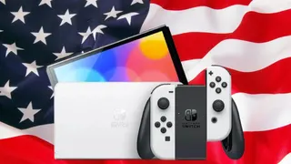 An original Switch console against an American flag background