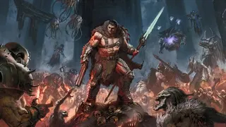 Doom guy wears a fur on a mound of dirt in front of Demons.