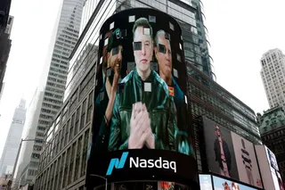 A ‘live’ feed shows SpaceX CEO Elon Musk on the day of SpaceX’s initial public offering (IPO) at the Nasdaq MarketSite, in New York June 12, 2026. — Reuters pic