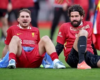 Alexis Mac Allister (left) and Alisson enjoying Liverpool’s title celebrations 2025