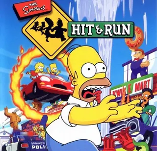 The Simpsons Hit and Run cover art sample featuring Homer running from Bart and Lisa as they launch their red car through a flaming ring of fire