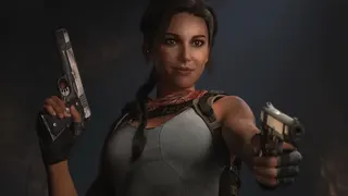 Tomb Raider: Catalyst trailer image showing Lara Croft smiling and pointing a gun at someone offscreen.