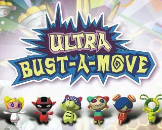 Ultra Bust-A-Move cover artwork sample featuring a row of mascots beneath the logo