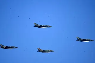 Myanmar Air Force fighter jets perform manoeuvres in 2023. A report by conflict monitor ACLED indicates the junta has intensified its aerial bombing campaign in 2026. Photo: AFP