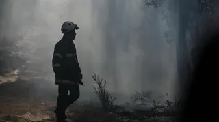 A firefighter stares into the middle distance as rays of sunshine light up the ground, highlighting the devastation of damage caused by wildfires