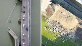 Composite image showing damaged bridge and damaged castle after earthquake
