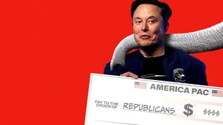 Photo illustration of Elon Musk holding an America PAC check that reads "republicans" with an elephant trunk around his shoulders
