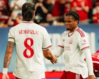 Rio Ngumoha celebrates with Dominic Szoboszlai after scoring Liverpool’s winner against Wrexham at Yankee Stadium.