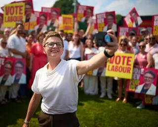 Bev Craig campaigning: she is standing in front of a crowd taking a selfie. People behind her hold signs saying Vote Labour and Vote Bev For Us. She is in her early 40s and has short fair hair, and wears glasses, a white T-shirt and dark trousers.