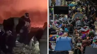 On the left, an image of a firefighters searching through rubble. On the right, a crowd of people seek shelter in a Kyiv subway station/