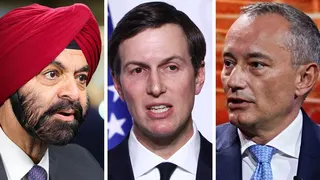 A composite image of Ajay Banga, Jared Kushner and  Nickolay Mladenov