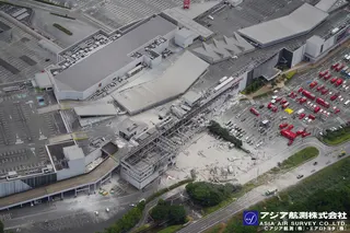An aerial view shows the destruction at Aeon Mall Kumamoto on Thursday. Photo: Asia Air Survey & Aero Toyota/Reuters
