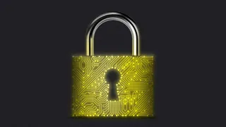 Illustration of a padlock made of circuitry lines and a photo realistic shackle.