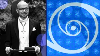 Photo illustration of Demis Hassabis next to abstract tech textures and an abstract DeepMind logo.
