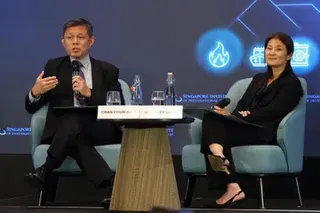 Chan Chun Sing (left), Singapore’s coordinating minister for public services and minister for defence, speaking in a dialogue moderated by Quah Ley Hoon (right), group chief corporate officer for CapitaLand Investment and council member, SIIA.