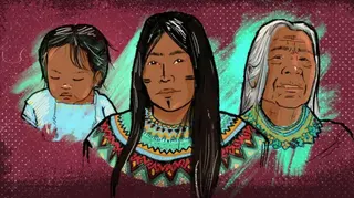 一幅鉛筆畫描繪恩貝拉社群三代女性，背景是一塊栗紅色、帶有白色圓點的布料。左側是一名身穿藍色衣服、低頭看向下方的女嬰；中間是一名女子（母親），留着黑色長髮，臉頰和鼻子上畫有黑色線條，身穿帶圖案的上衣；右側是一名頭髮花白、面帶皺紋的年長女性（祖母）。兩名成年女性都直視前方。