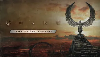 Key art for Dawn of the Machine, featuring an angelic statue forming the Quake "Q" symbol.