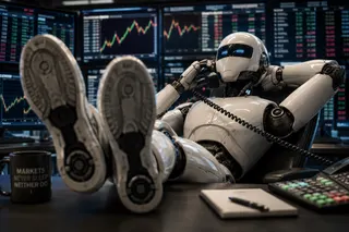 humanoid robot leaning back in desk chair talking on phone
