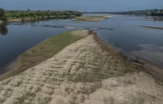 An aerial view of low water levels in the Vistula, with parts of the riverbed visible