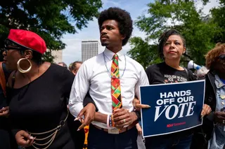 FILE PHOTO: Democratic State House Rep. Justin Pearson of Memphis marches to the Tennessee state capital building with demonstrators who were protesting efforts by the state's Republican leadership in redistricting congressional election maps in Nashville, Tennessee, U.S. May 5, 2026. REUTERS/Seth Herald/File Photo