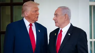 Donald Trump greets Israeli Prime Minister Benjamin Netanyahu as he arrives at the White House.