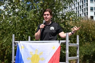 Sara Duterte, Philippine vice-president and daughter of former president Rodrigo Duterte, speaks during a protest outside the International Criminal Court in The Hague in July. Photo: AP