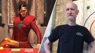 A gold-skinned entity in Thousand Hells; game designer David Dunham.