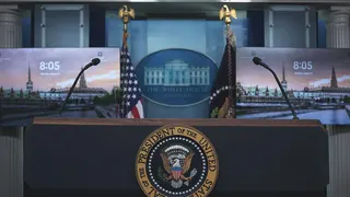 The US Presidential seal on the podium in James Brady Press Briefing Room at the White House, ahead of President Donald Trump's presser, Monday, Aug. 11, 2025, in Washington, D.C.