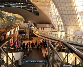 View inside Incheon airport terminal from the top of a flight of stairs