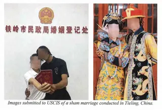 如果「客戶」不在紐約，該集團還能提供全球範圍內的「飛行服務」。圖為一對假結婚「新...