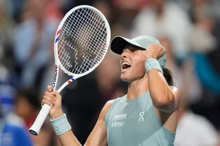 Iga Swiatek (POL) reacts after defeating Elina Svitolina (not pictured) in their semi final match at the National Bank Open at Sobeys Stadium