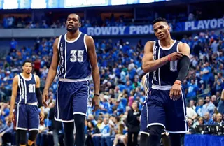 Russell Westbrook (R) and then-Oklahoma Thunder All-Star teammate Kevin Durant made the NBA Finals together in 2012