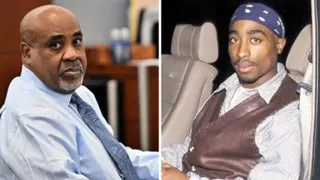 On the left, Duane "Keffe D" Davis wearing a blue tie; on the right, a photo of Tupac.