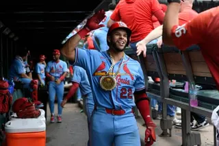 The St Louis Cardinals' Joshua Baez (22) celebrates with teammates in the dugout after hitting a solo home run during the fourth inning of Saturday’s game.