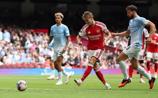 Arsenal’s Martin Odegaard scoring their third goal in the FA Community Shield against Manchester City.