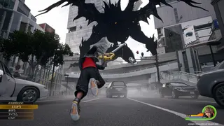 Sora battles a giant Heartless on the streets of Shibuya (aka Quadratum) in Kingdom Hearts 4